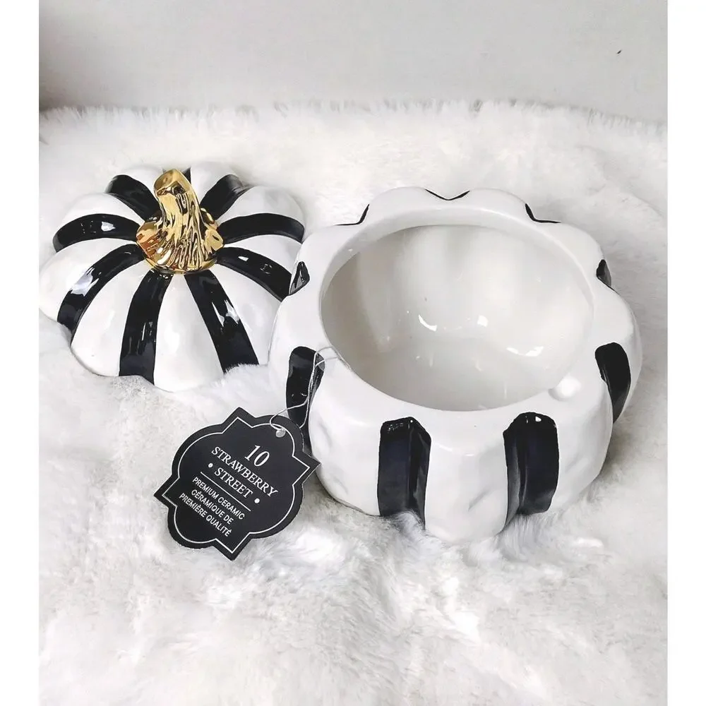 New~ Black & White Round Ceramic Pumpkin Canister Designer Inspired